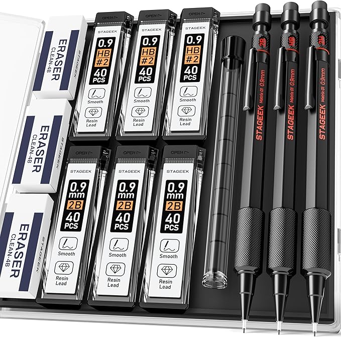 STAGEEK 0.9mm Mechanical Pencil Set, 3PCS Metal Mechanical Pencils 0.9mm with 6 Tubes HB & 2B Lead Refills,Erasers, Weatherproof Artist Pencils with Case for Outdoor Writing Drafting Drawing