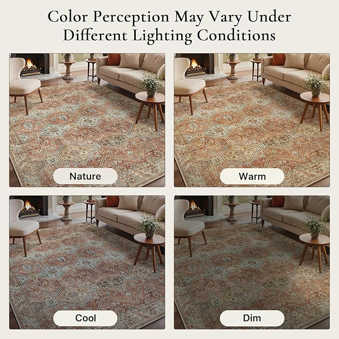 GENIMO 3x5 Area Rugs for Living Room, Machine Washable Non Slip Rugs, Low Pile Lightweight Print Rug for Bedroom, Dining Room, Home Office, Vintage Brick Red