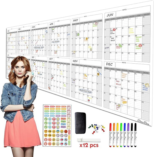 CLEVER CLEAN Large Dry Erase Wall Calendar - 36"x96" 12-month 2026 Undated Yearly Calendar for Home, Office, School Projects - Jumbo Reusable Laminated Task Organizer