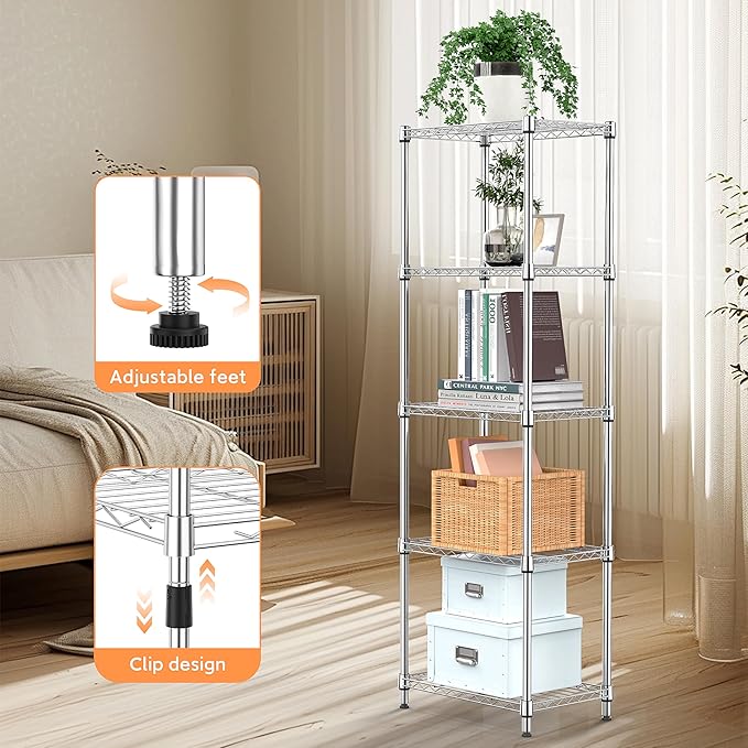 M MZG 5 Tiers Shelf Metal Storage Shelves Wire Rack Closet Organizers with Wheel for Garage Kitchen Bathroom Laundry Chrome 11.8" D x 17.7" W x 55" H