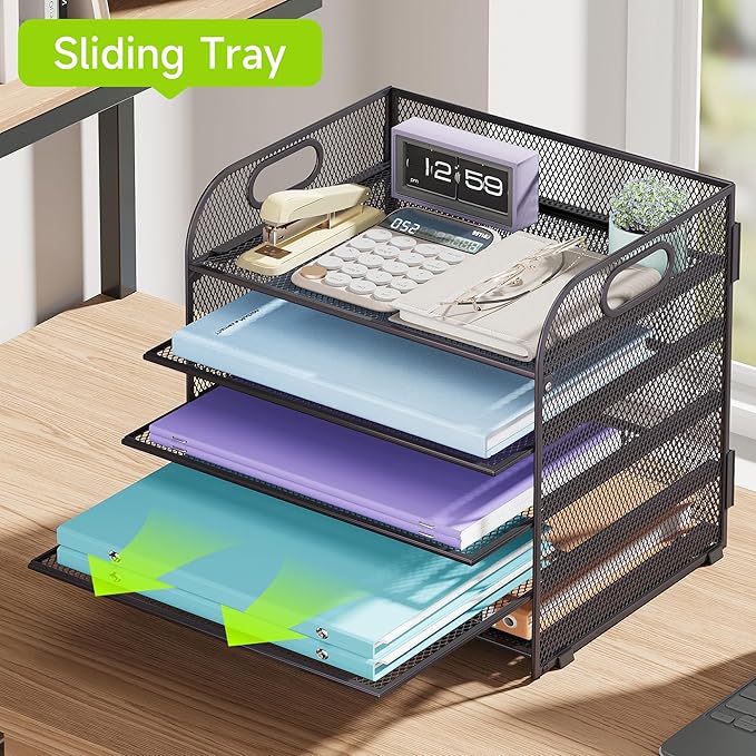Cawukege 5 Tier Paper Organizer with Handle, Metal Mesh Desk Organizer File Folder Paper Letter Tray Desktop Document Sorter for Classroom, School, Office Accessories Organization and Storage - Grey
