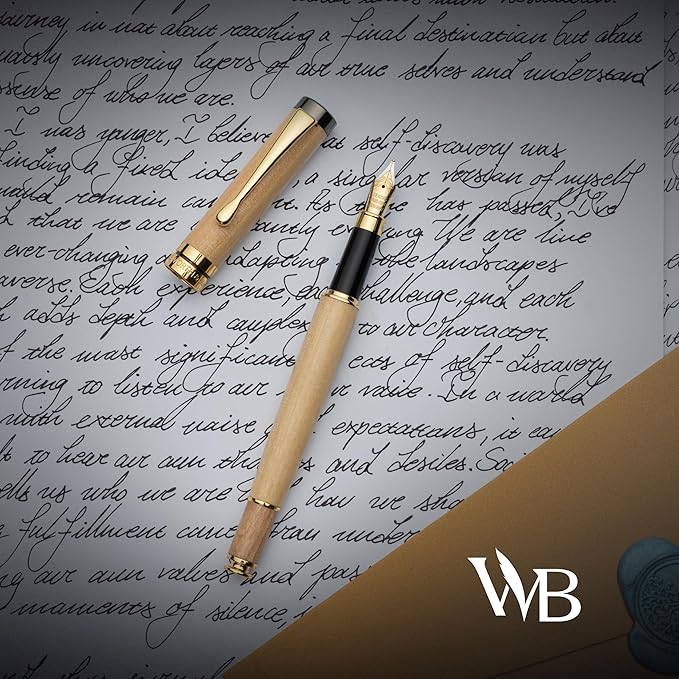 Wordsworth & Black Fountain Pen Gift Set, Includes Ink Bottle, 6 Ink Cartridges, Ink Refill Converter, 4 Replacement Nibs, Luxury Bamboo, Journaling, Calligraphy, Smooth Writing Pens [Maple Wood]