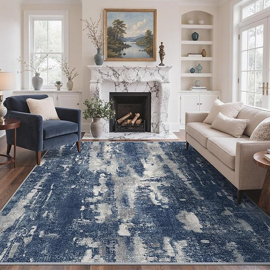 GENIMO 8x10 Area Rugs for Living Room, Machine Washable Non Slip Rugs, Low Pile Lightweight Vintage Print Rug for Bedroom, Dining Room, Home Office, Distressed Blue/Grey