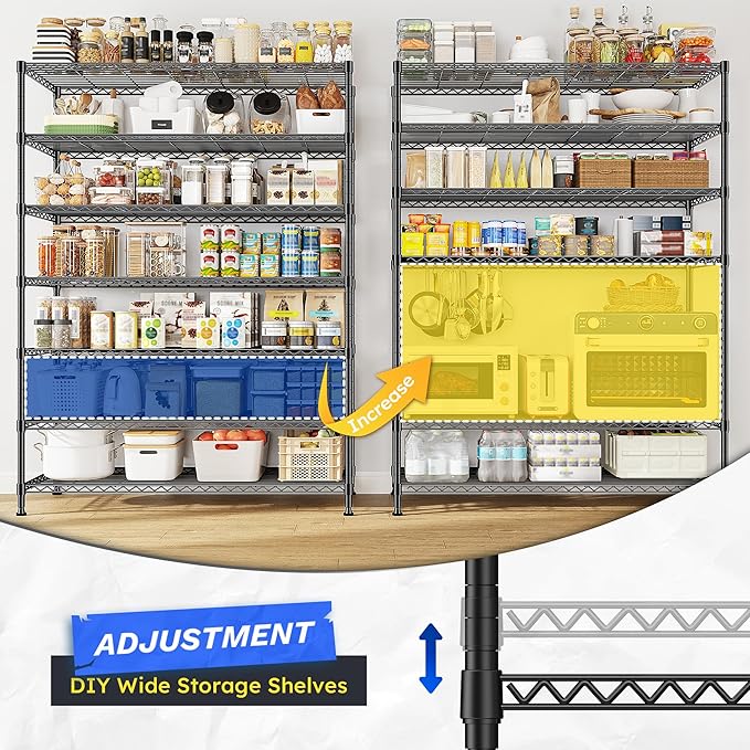 82.6H Metal Shelving Unit 7 Tier Storage Shelves Adjustable Wire Shelving Metal Wire Shelf Pantry Shelves Commercial Rack for Kitchen Pantry Utility Room Garage 45" W x 82.6''H x 13.5" D, Black