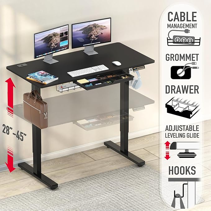SHW 48-Inch Electric Height Adjustable Standing Desk with Drawer, Memory Preset and Cable Management Tray, Black
