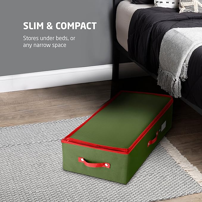 ZOBER Underbed Christmas Ornament Storage Box - Stores 120 3" Ornaments, With Dividers - Tear Proof 600D Oxford Fabric, Ornament Organizer Storage Box, Durable Christmas Containers Holder - Green