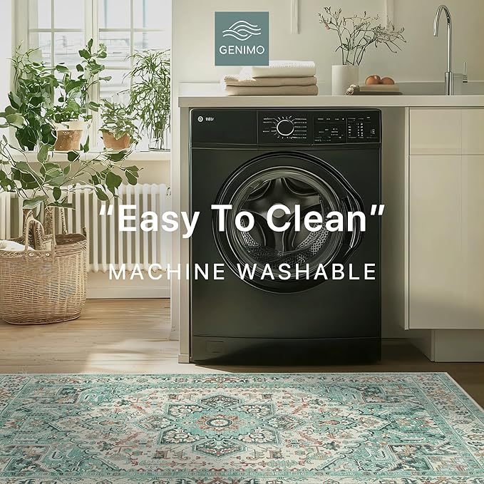 GENIMO Machine Washable 8x10 Area Rugs for Living Room, Non Slip Vintage Rugs, Low Pile Lightweight Chenille Print Rug for Bedroom, Dining Room, Home Office, Sky Blue