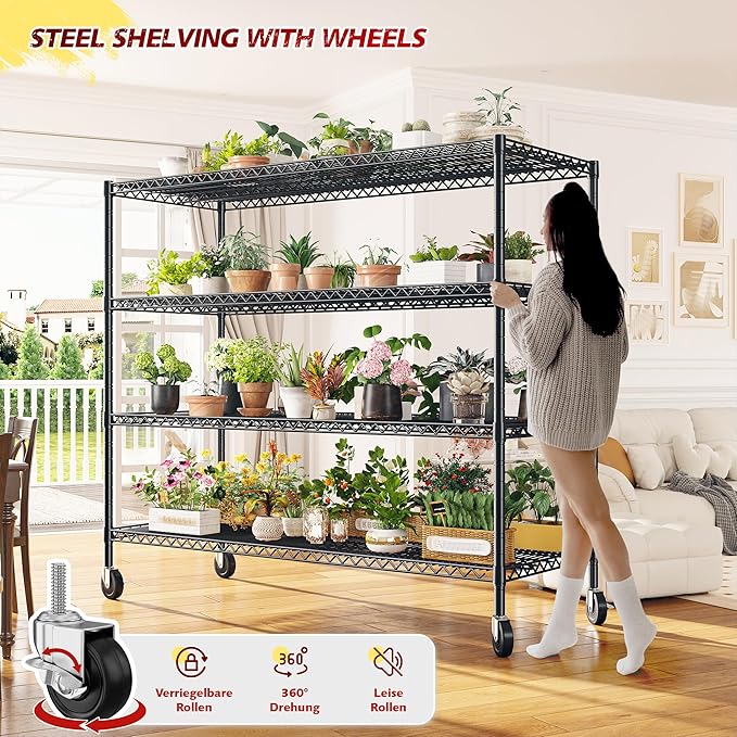 REIBII 75.6" H Storage Shelves Metal Shelving Unit with Wheels 55''W Garage Shelving Heavy Duty Wire Shelves for Storage Rack Adjustable Pantry Shelf Commercial Industrial Shelving,55.5''W X 24" D