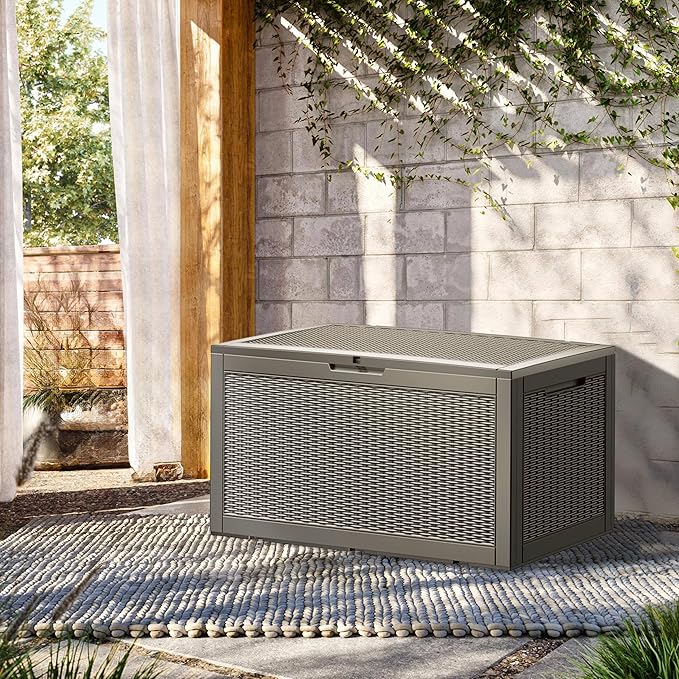 Decksplore 100 Gallon Lockable Resin Deck Box, Waterproof Outdoor Storage Box for Patio Furniture, Garden Tools, Pool Accessories, UV-Resistant Outside Delivery Grey