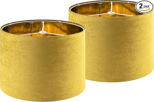 GO&SO Yellow Velvet Drum Lamp Shade Set of 2 Medium 13" Top x 13" Bottom x 10" High(Spider) Modern Lamp Shades For Table Lamps & Bedside Lamp Replacement Lampshade, Hand Crafted, Required Assembly