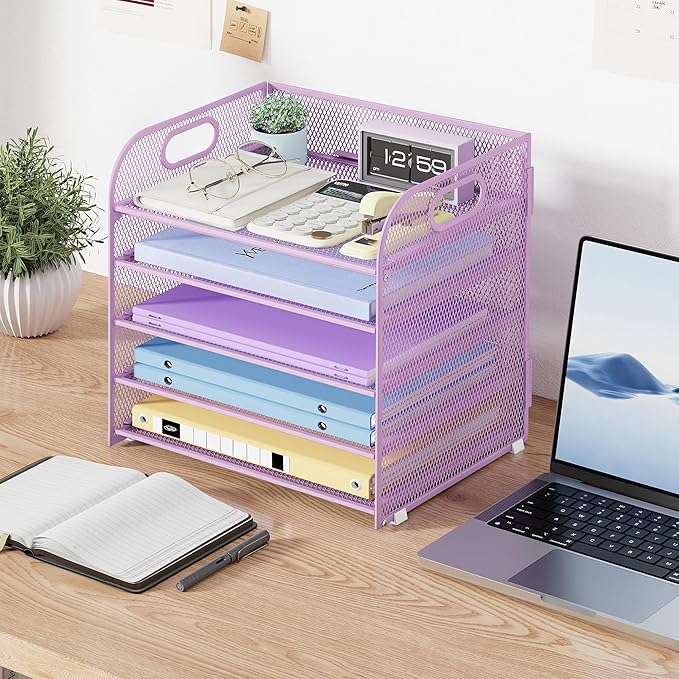 Cawukege 5 Tier Paper Organizer with Handle, Metal Mesh Desk Organizer File Folder Paper Letter Tray Desktop Document Sorter for Classroom, School, Office Accessories Organization and Storage - Purple