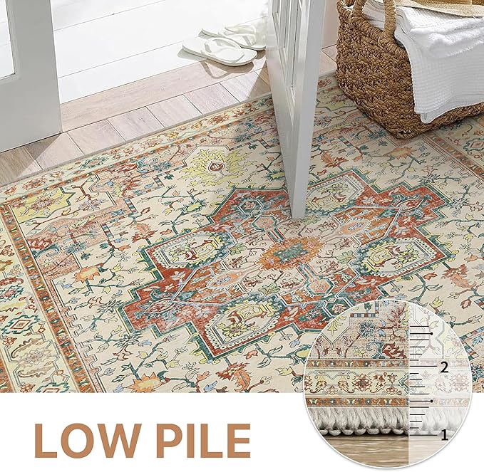 GENIMO 8x10 Area Rugs for Living Room, Machine Washable Non Slip Vintage Retro Rugs, Low Pile Lightweight Chenille Print Rug for Bedroom, Dining Room, Home Office,Floral Blossom