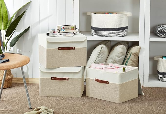 DECOMOMO Fabric Storage Bins with Lid, Storage Baskets for Shelves (Beige and White, 3 Pack)