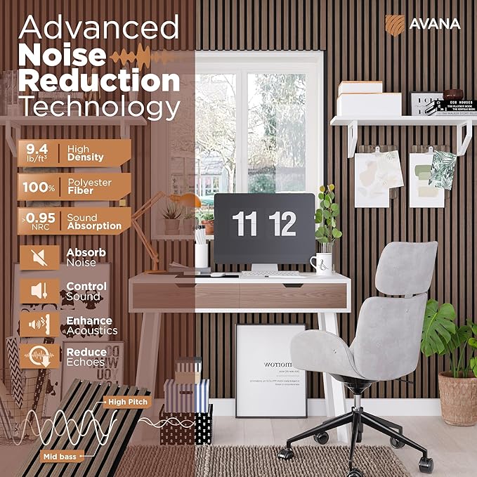 Avana Acoustic Wood Wall Panels – 94.4 X 12.6 Inch Walnut Acoustic Panels 2 PCs – Wall Panels For Interior Wall Decor For Homes, Offices, Studios – Sturdy And Durable Wood Panels For Wall