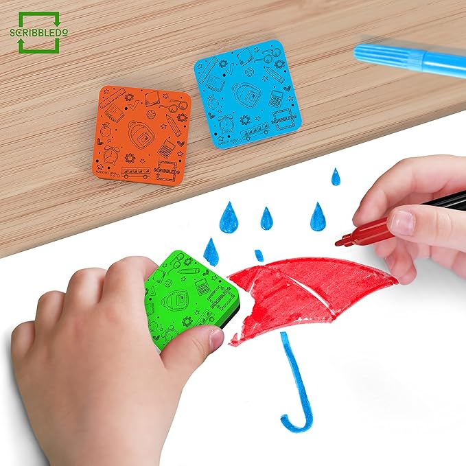 Scribbledo 6 Pack Magnetic Dry Erase Erasers - Assorted Colors, Magnetic, Smudge Free for Kids, Students, Classroom, Home, School, Office