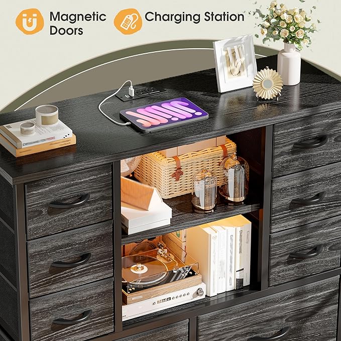 EnHomee Dresser for Bedroom with Charging Station & LED Light, Large Dresser for Hallway, Living Room, Entryway, Metal Frame, Black Dressers & Chest of Drawers, 50.6" H x 37.8" W x 11.8" D