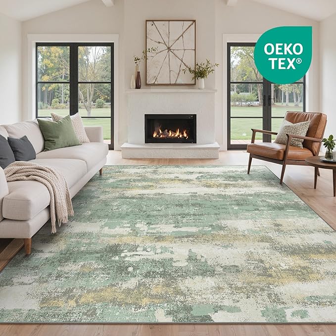 GENIMO No Crease Non Slip 8x10 Area Rugs for Living Room, Craft Woven Modern Abstract Rug, Soft Floor Carpet, Single-Piece Rugs for Bedroom, Dining Room, Office, Green Gray