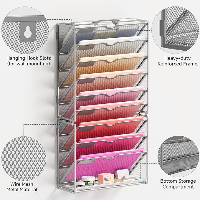 Lavatino 10-Tier Hanging Wall File Folders Organizer - Silver Metal Mesh Paper Magazine Document Mail Holder File Organizer for Office School Home Wall Mount or Desk Supplies Organization