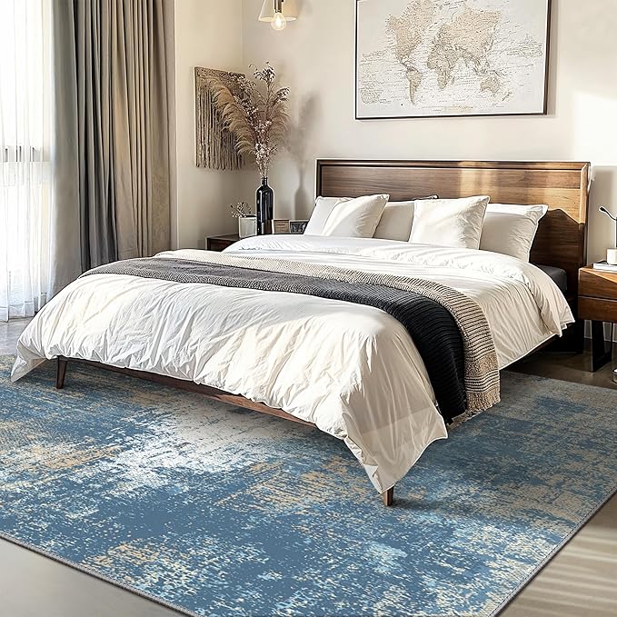 GENIMO Washable Area Rugs for Living Room, 8x10 Modern Non Slip Rugs, Low Pile Lightweight Soft Print Rug for Bedroom, Dining Room, Home Office, Washed Mist Blue