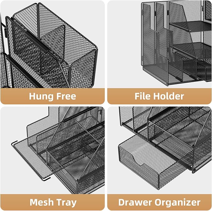 Marbrasse Desk Organizer and Accessories, 3-Tier File Organizer with Drawer and Pen Holder, Small Desktop Organizer and Storage for Workspace Office Supplies Black