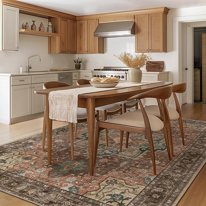 GENIMO 9x12 Area Rugs for Living Room, Non Slip Machine Washable Vintage Rugs, Low Pile Lightweight Chenille Print Large Rug for Bedroom, Dining Room, Home Office, Rosewood