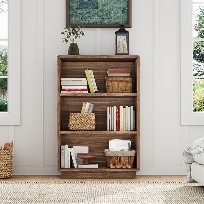 ChooChoo 3-Tier Bookcase, Wooden Bookshelf, Farmhouse Bookshelf with Open Storage, Tall Bookcase for Bedroom and Home Office, Brown Walnut