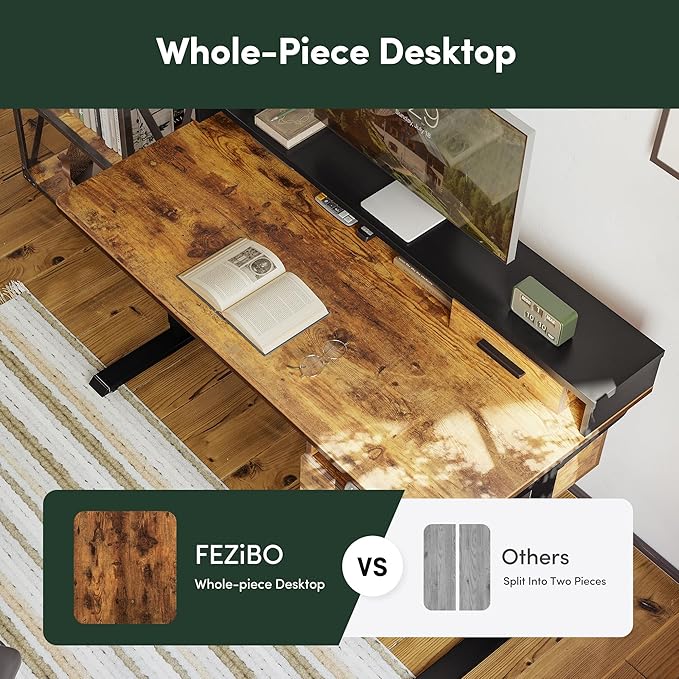 FEZIBO Electric Standing Desk 48 x 24 Inch with Monitor Shelf, 3 Drawers and Open Storage, Home Office Computer Workstation, Rustic Brown, 2 Packages