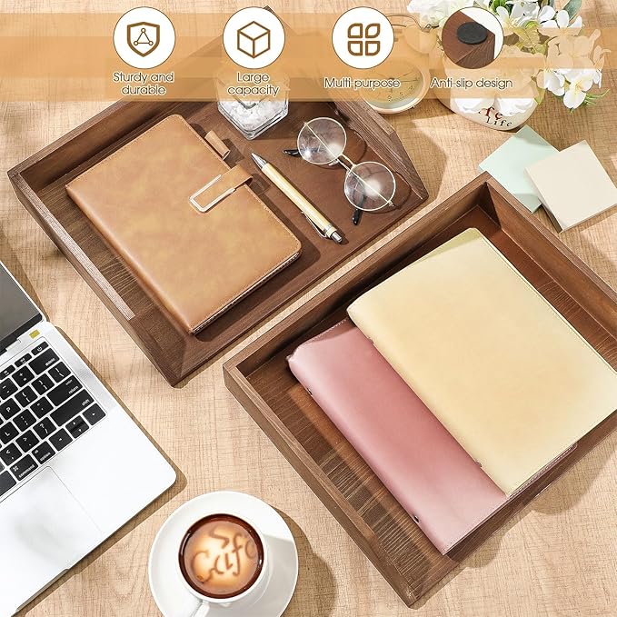 Beeveer 2 Pcs Wooden Letter Trays Wood Letter-Size Desk Organizer Heavy Duty 2 Tier Stackable Supports Paper Tray Desktop Drawer Organizer File Folder Magazine Office Accessories(Dark Wood)