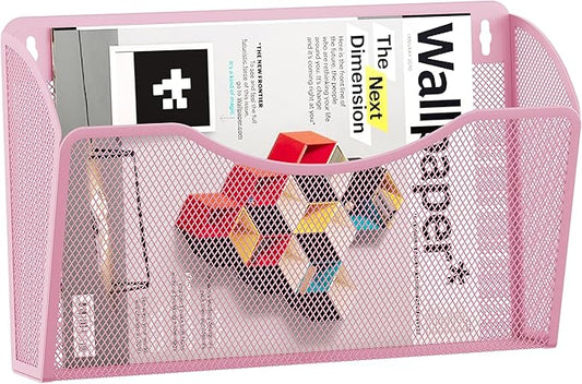 EasyPAG Single Pocket Wall File Organizer, Mesh Hanging File Folder Organizer for Letter/A4 Size Folders, Wall Mounted Vertical Mail Holder for Paperwork, Office, Home, School, Pink