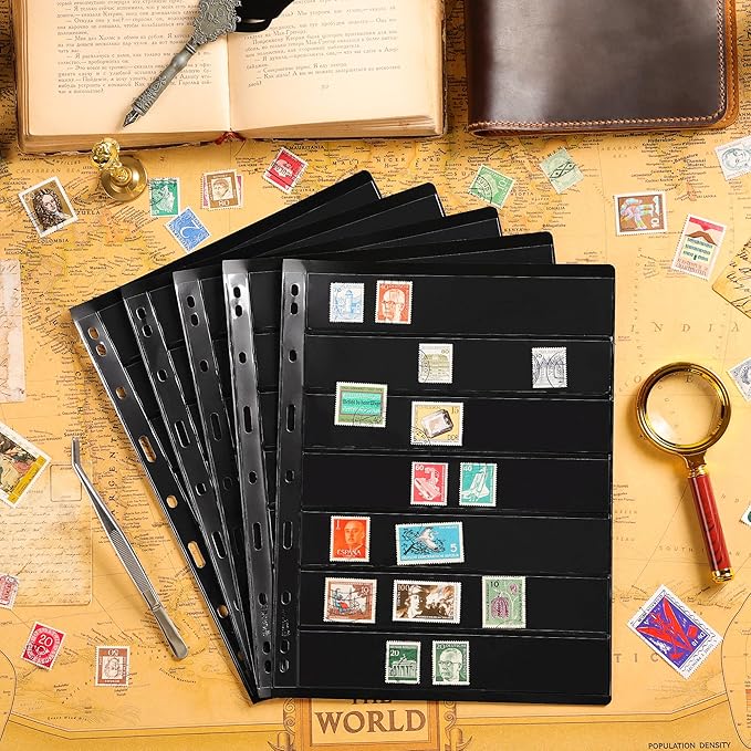 5 Sheets 10 Pages Postage Stamp Album Pages, 7 Pockets 7.7x 1.35in Stamp Collection Inserts, 9 Hole Standard Stamp Collecting Album Sleeves for Stamp Collection Binder IS010710