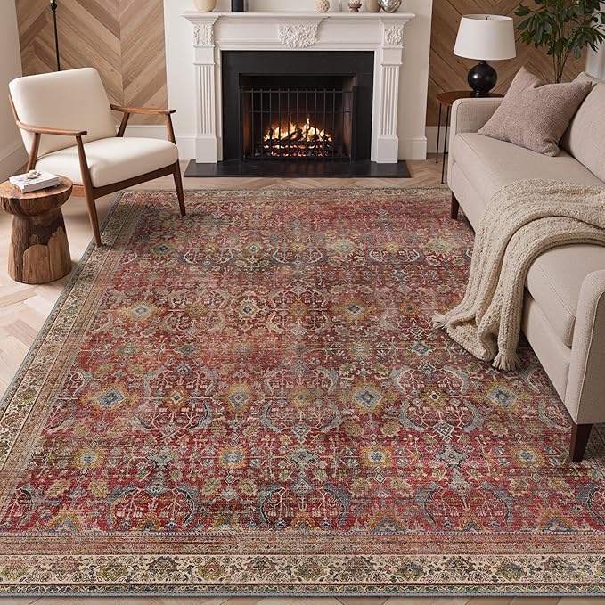 GENIMO 6x9 Area Rugs for Living Room, Machine Washable Non Slip Vintage Rugs, Low Pile Lightweight Chenille Print Rug for Bedroom, Dining Room, Home Office, Mocha Brick