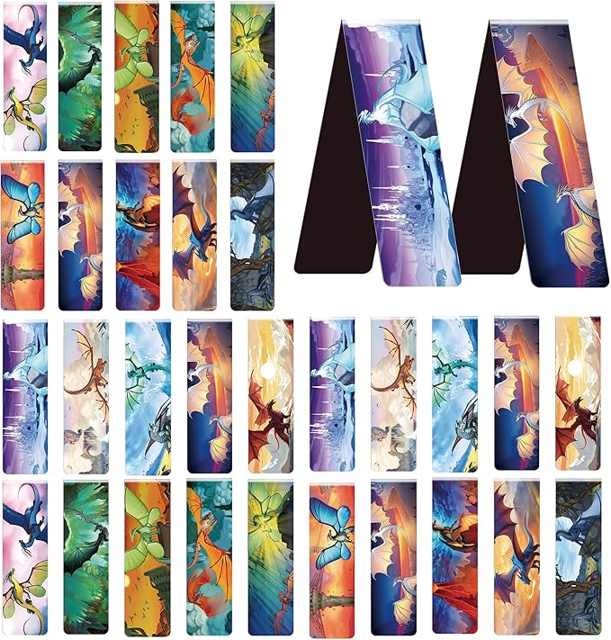 30 Pcs Fire Dragon Magnetic Bookmarks - Dragon Merchandise, Cool Animal Page Book Marker, Waterproof Bookmark as Party Favor, Student Rewards, Book Lover Reading Gifts