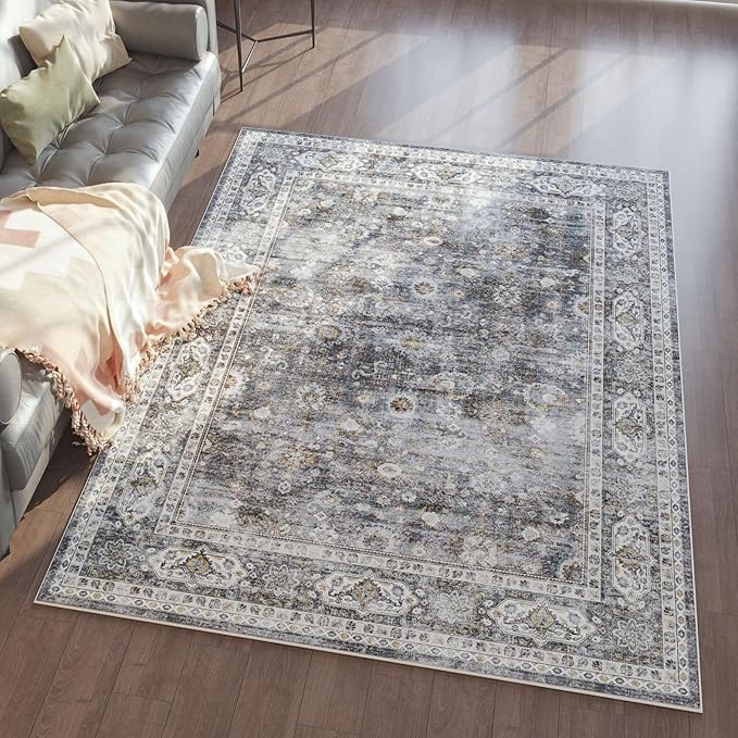 Rugcomf Area Rug 4x6 Rug Washable Boho Rugs Non Slip Low Pile Soft Floral Small Carpet for Bedroom, Bedside, Kids Room, Office, Dining Room(Grey)