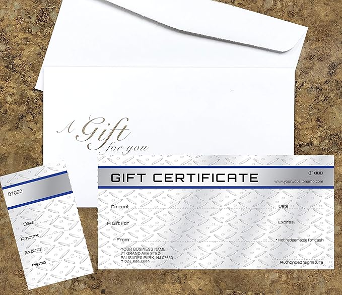 Custom Gift Certificates Cards with Envelopes 100 set - Metal Plate Image- Gift Coupons,Vouchers for Small Business