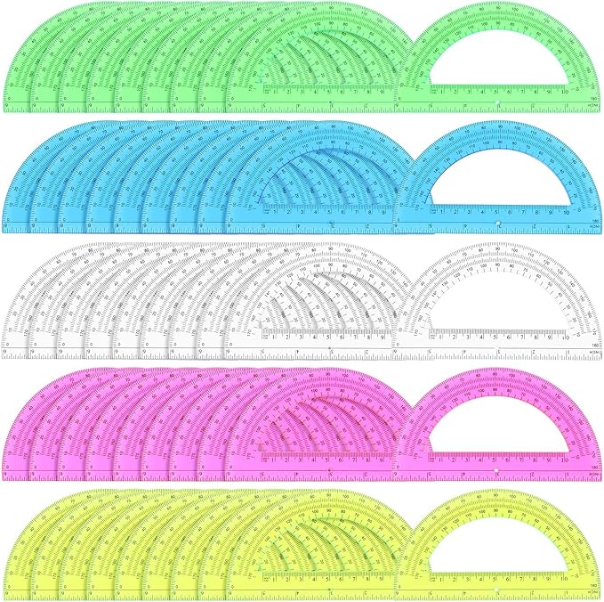 100 Pieces Protractors Bulk Plastic 180 Degrees 6 Inch Translucent Protractors for Geometry, Angle Measurement, 5 Colors