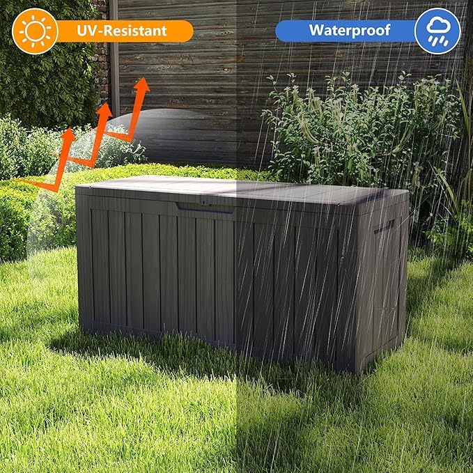 Yardgrace 100 Gallon Outdoor Storage Box Waterproof, Resin Deck Boxes with Lockable Lid & UV-Resistant for Patio, Pool, Garden Furniture Cushions & Accessories, Coffee