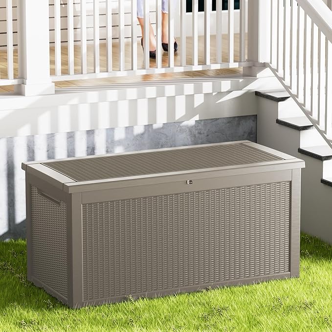 Decksplore 320 Gallon Outdoor Storage Box Waterproof Lockable Resin Deck Box Large, Patio Storage Bin for Pool Accessories Cushion Furniture, Garden Tools, UV-Resistant Outside Delivery Grey