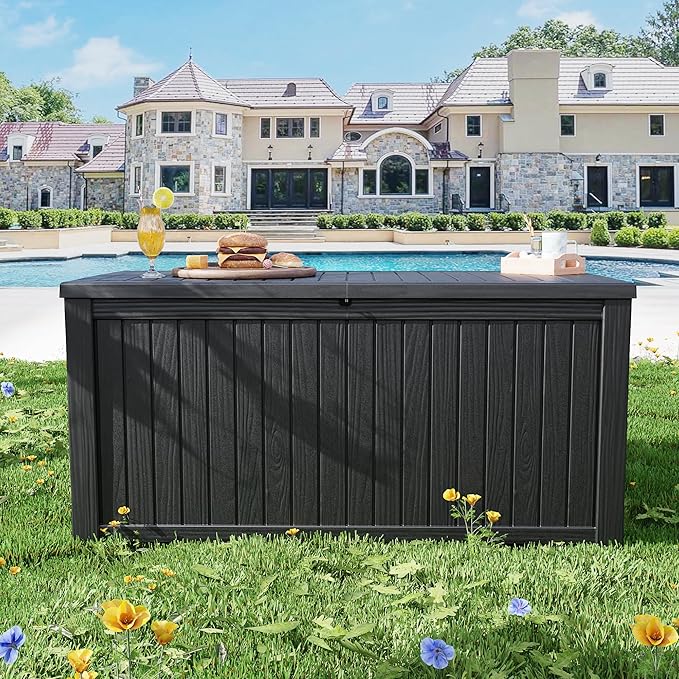 Decksplore Outdoor Storage Box Waterproof Large, 180 Gallon Lockable Resin Deck Box, Patio Storage Bin for Pool Accessories Cushion Furniture, Garden Tools, UV-Resistant Outside Delivery, Black