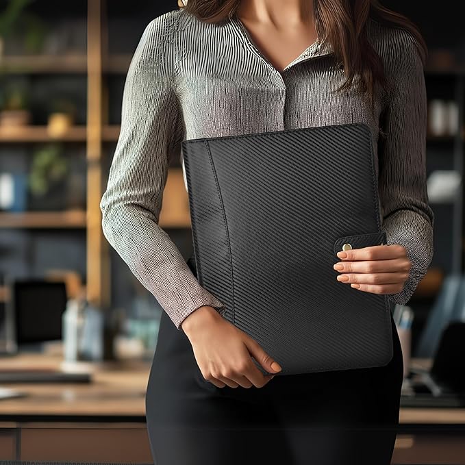 LEATHER VILLAGE Portfolio Professional Organizer– Carbon Fiber Genuine Leather Padfolio Resume Folder for A4 Letter Pad with Pen Holder, Business Card Slots – Ideal for Men & Women- Black Orange