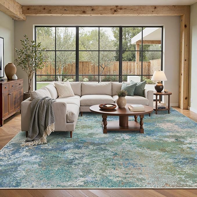 GENIMO Washable Rugs 9x12 Area Rugs for Living Room Bedroom, Modern Lightweight Rug Ultra Soft Indoor Area Rugs 9x12 for Dining Room, Low Pile Carpet with Non Slip Backing, Blue Green