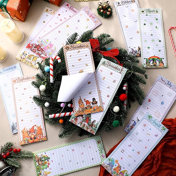 Eaasty 12 Pcs Seasonal Holiday Magnetic Notepads for Refrigerator Gnome Monthly Magnetic Grocery List 9 x 3.5" Magnet Memo Pads 30 Sheets Per Pad Shopping to Do List for January to December