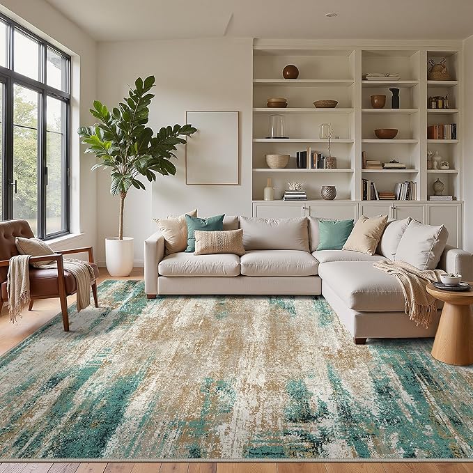GENIMO Washable Rug-6x9 Area Rugs Lightweight Foldable, Modern Pet Friendly Low Pile Carpet for Living Room, Bedroom, Playroom, Emerald Ripples