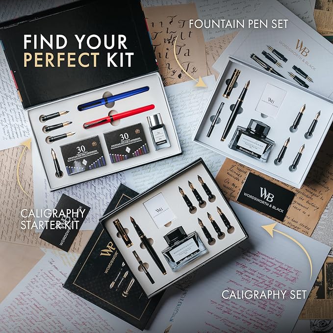 Wordsworth and Black Calligraphy Pen Set - Blue - Includes 2 Calligraphy Pens, 18 ML Ink Bottle, 60 Ink Cartridges, Ink Refill Converter, 1 Medium and 4 Broad Nibs, Brush Pen