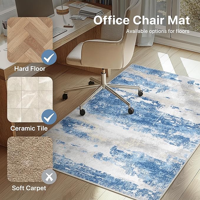 Office Chair Mat for Hardwood Tile Floor, Abstract 36"X 48" Desk Mats for Office Chair on Rolling Chairs Carpet, Desk Anti-Slip 1/5" Thick Rug for Computer Chair, Thin Low-Pile Floor Mat, Blue Cream