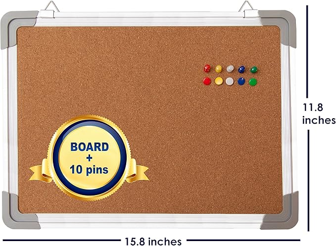 Cork Board Set for Wall - Bulletin Board Corkboard 16 x 12 in with 10 Thumb Tacks - Small Wall Hanging Pin Board Message Board Tack Board Organizer for Home, Office, Desk and Cubicle (16x12 inch)