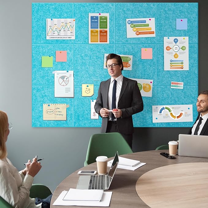 AKTOP Cork Board Bulletin Board 47"x35", 12 Pack Removable Felt Cork Board Tiles for Wall, Large Corkboard Notice Pin Board for Office, School & Home, 48 Safe Adhesive Tabs, 20 Push Pins, Baby Blue