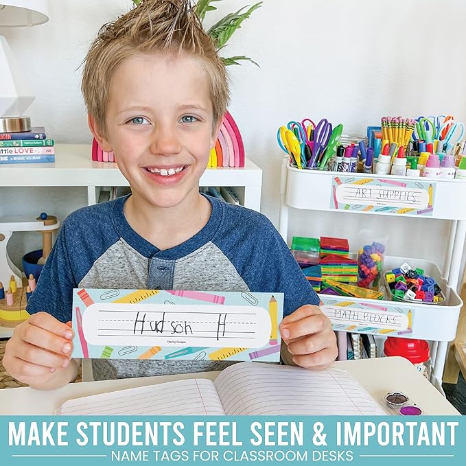 Desk Name Tags for Classroom -25 Student Name Plates for Classroom Kindergarten, Preschool, 1st, 2nd & 3rd Grade, 9x3 Teacher Nameplates for Student Desks & Cubbies, Pastel Nametags