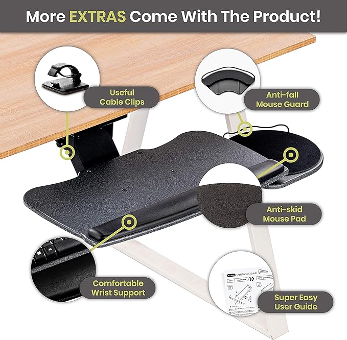 FERSGO Under Desk Keyboard Tray, 20" x 11" Tray, 17.75" Track, One Knob Control, Undermount Sliding Computer Keyboard and Mouse Tray with Wrist Rest, Swivels 360° with Adjustable Height and ±15° Tilt