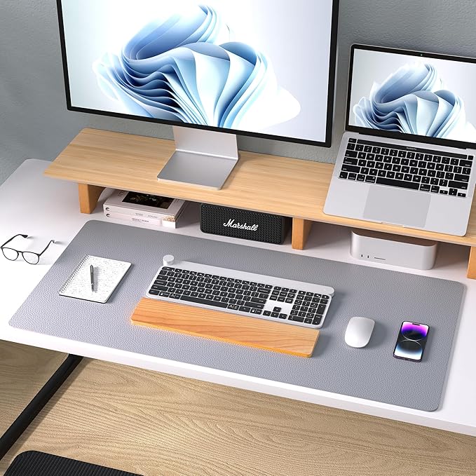 Aothia Leather Desk Pad Protector, Mouse Pad, Office Desk Mat, Non-Slip PU Leather Desk Blotter, Laptop Desk Pad, Waterproof Desk Writing Pad for Office and Home (31.5" x 15.7", Light Grey)