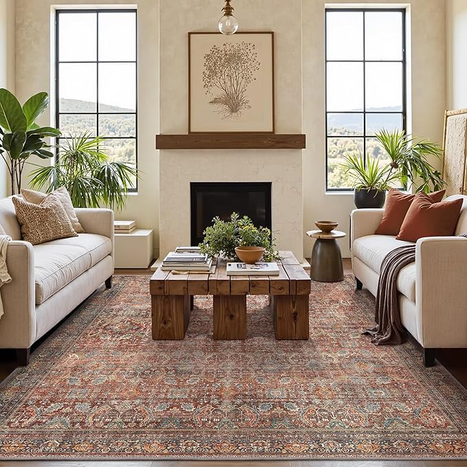 GENIMO 6x9 Area Rugs for Living Room, Machine Washable Non Slip Vintage Rugs, Low Pile Lightweight Chenille Print Rug for Bedroom, Dining Room, Home Office, Terracotta Indigo